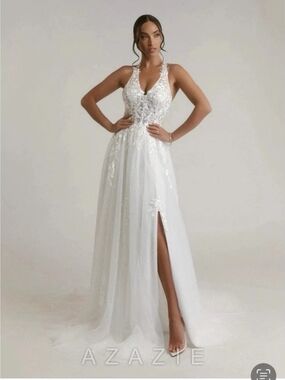 Azazie Dysis White Lace Applique V-Neck Evening Dress with Side Slit size 12 nwt